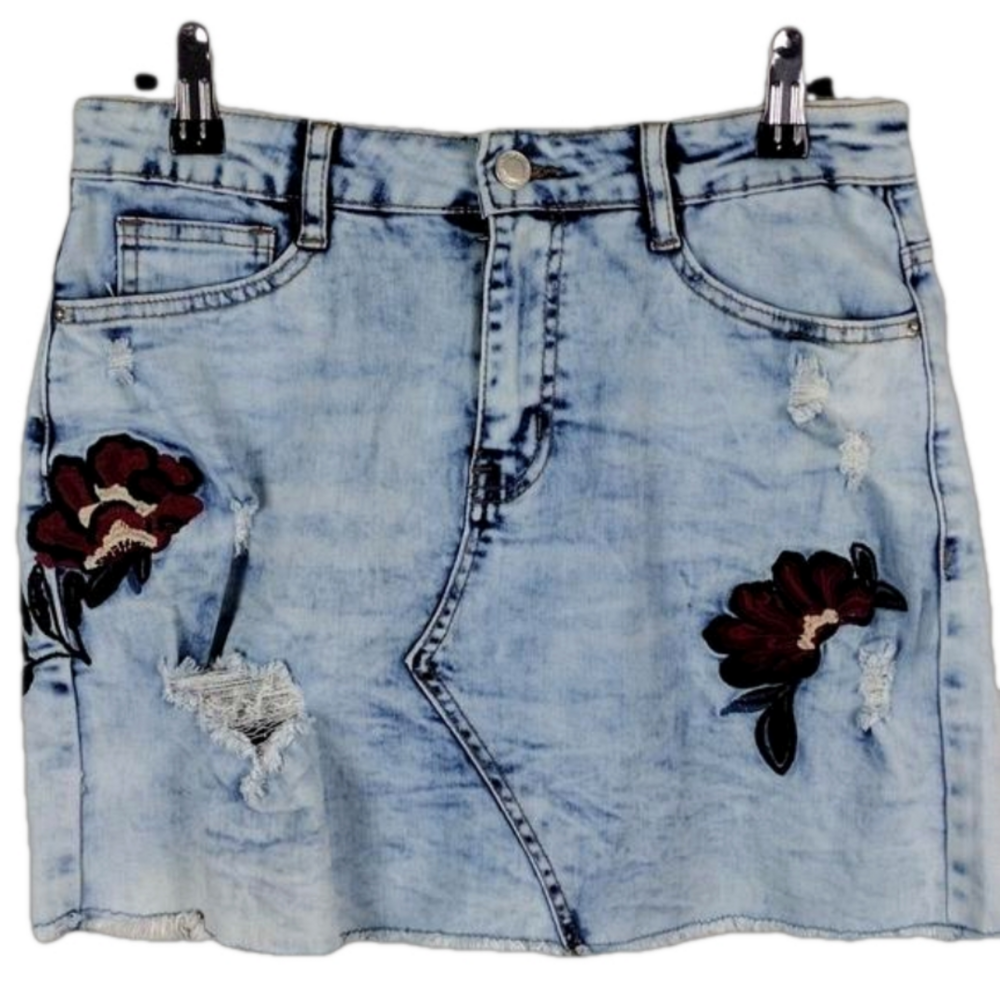 Angel Kiss Blue Stone Wash Five Pocket Embroidered Distressed Mini Jean Skirt
